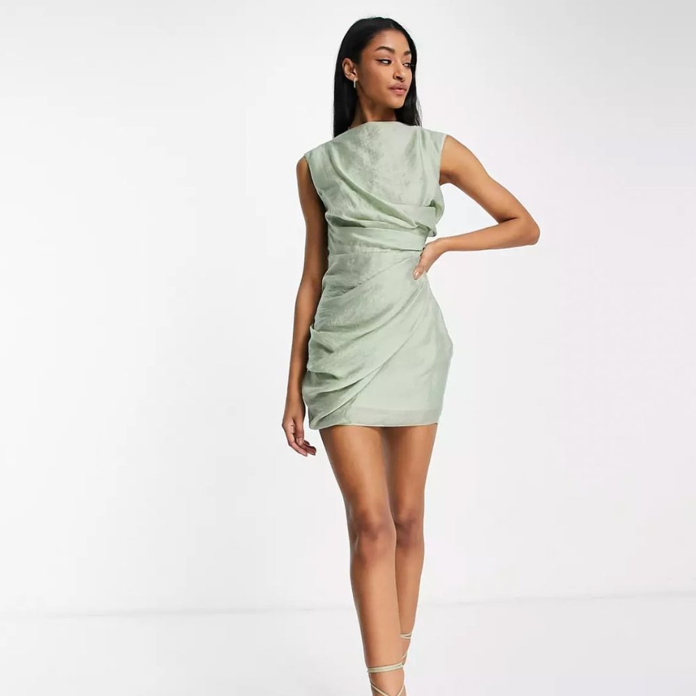 ASOS drape mini dress with wrap skirt in textured fabric in sage Size 8 NWT $79